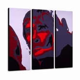 Ručno oslikana POP art slika Ijan Braun od 3 dela ib – 3D визуелизација ручно осликаног платна на белој позадини. Доминантне боје: црна, црвена, сива.