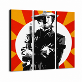 Ručno oslikana POP art slika Klinta Istvuda, 3 dela ce2 – 3D визуелизација ручно осликаног платна на белој позадини. Доминантне боје: црна, жута, црвена, бела.