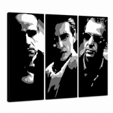 Ručno oslikana POP art slika KUM 3 dela bog 2 – 3D визуелизација ручно осликаног платна на белој позадини. Доминантне боје: црна, бела, сива.