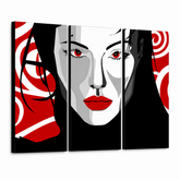 Ručno oslikana POP art slika Lepa ŽENA od 3 dela nwoman – 3D визуелизација ручно осликаног платна на белој позадини. Доминантне боје: црна, црвена, бела.