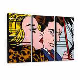 Ručno oslikana POP art slika LIHTENŠTAJN od 3 dela li4 – 3D визуелизација ручно осликаног платна на белој позадини. Доминантне боје: жута, црна, розе, плава, смеђа.