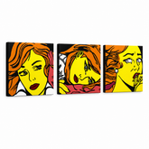 Ručno oslikana POP art slika LIHTENŠTAJN od 3 dela li7 – 3D визуелизација ручно осликаног платна на белој позадини. Доминантне боје: жута, црна, наранџаста.