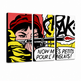 Ručno oslikana POP art slika LIHTENŠTAJN od 3 dela li8 – 3D визуелизација ручно осликаног платна на белој позадини. Доминантне боје: црвена, жута, црна, бела, наранџаста.