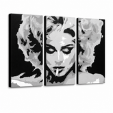 Ručno oslikana POP Art slika MADONA od 3 dela ma2 – 3D визуелизација ручно осликаног платна на белој позадини. Доминантне боје: црна, сива, бела.