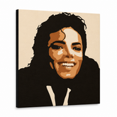 Ručno oslikana POP art slika Majkla Džeksona 1 komad mj6 – 3D визуелизација ручно осликаног платна на белој позадини. Доминантне боје: смеђа, наранџаста, црна, беж.