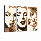 Ručno oslikana POP art slika Merilin Monro, 3 dela, mon1 – 3D визуелизација ручно осликаног платна на белој позадини. Доминантне боје: беж, смеђа, црна.
