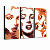 Ručno oslikana POP art slika Merilin Monro, 3 dela, mon2 – 3D визуелизација ручно осликаног платна на белој позадини. Доминантне боје: наранџаста, смеђа, бела.