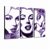 Ručno oslikana POP art slika Merilin Monro, 3 dela, mon4 – 3D визуелизација ручно осликаног платна на белој позадини. Доминантне боје: љубичаста, бела, црна.