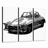 Ručno oslikana POP art slika MERSEDES SL300, 3 dela – 3D визуелизација ручно осликаног платна на белој позадини. Доминантне боје: црна, бела, сива.