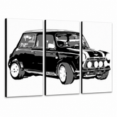 Ručno oslikana POP art slika MINI KUPER od 3 dela, mini – 3D визуелизација ручно осликаног платна на белој позадини. Доминантне боје: црна, бела, сива.