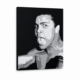 Ručno oslikana POP art slika Muhamed Ali 1 komad ali – 3D визуелизација ручно осликаног платна на белој позадини. Доминантне боје: црна, сива, бела.