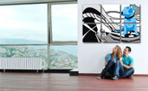 Pop art slika na platnu s motivom Dog and DJ´S, pas, dečji motiv, životinja u belo-plavih nijansama okačena u enterijeru dnevnog boravka, razigrana atmosfera – enterijer