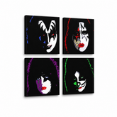 Ručno oslikana POP art slika Poljubac Poljubac iz 4 dela – 3D визуелизација ручно осликаног платна на белој позадини. Доминантне боје: црна, бела, црвена, зелена, љубичаста.