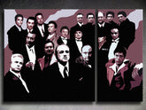 Pop art slika na platnu s motivom The MAFIA Family, automobil u belo-crnih nijansama, dramatična atmosfera, porodica i snaga i moć, pogodan za dnevnog boravka – glavna