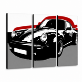 Ručno oslikana POP art slika PORŠE 911, 3 dela, por5 – 3D визуелизација ручно осликаног платна на белој позадини. Доминантне боје: црна, црвена, сива.