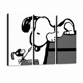 Ručno oslikana POP Art slika SNUPI 3 dela snoopy3 – 3D визуелизација ручно осликаног платна на белој позадини. Доминантне боје: црна, бела, сива.
