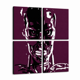 Ručno oslikana POP art slika TERMINATOR od 4 dela – 3D визуелизација ручно осликаног платна на белој позадини. Доминантне боје: црна, бела, љубичаста.