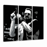 Ručno oslikana POP art slika Veliki Lebovski iz 3 dela – 3D визуелизација ручно осликаног платна на белој позадини. Доминантне боје: црна, бела, сива.