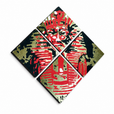Ručno oslikana POP Art Tutan Čamon slika od 4 dela ovde – 3D визуелизација ручно осликаног платна на белој позадини. Доминантне боје: црна, црвена, смеђа.