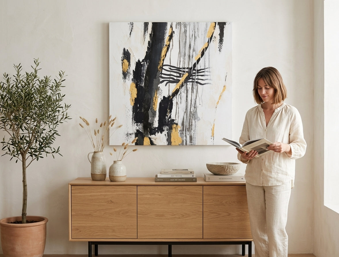Apstraktna slika sa crnim, zlatnim i sivim potezima na beloj pozadini, okačena u modernom enterijeru iznad drvene konzole sa vazom i svećom, Papilora.