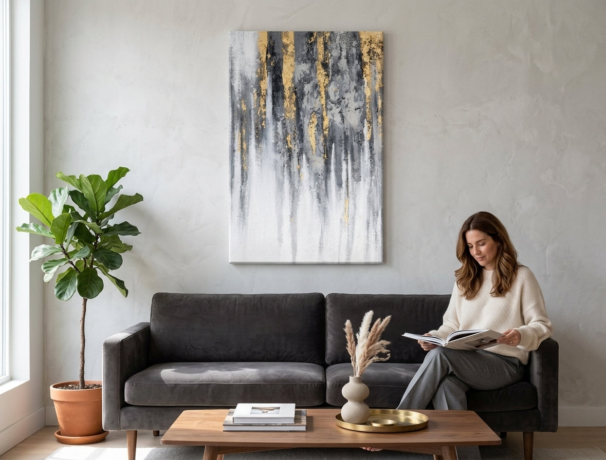 Ručno slikan slika na platnu s motivom šuma u belo-sivih nijansama okačena u enterijeru kancelarije, elegantna atmosfera, priroda i minimalizam – enterijer