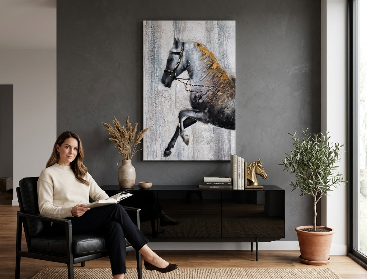 U skandinavskom stilu slika na platnu s motivom KONJ, mapa, priroda u belo-bežih nijansama okačena u enterijeru dnevnog boravka, elegantna atmosfera – enterijer