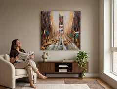 Pop art slika na platnu s motivom kiša, gradski motiv u belo-plavih nijansama okačena u enterijeru kancelarije, energična atmosfera, gradski život – enterijer