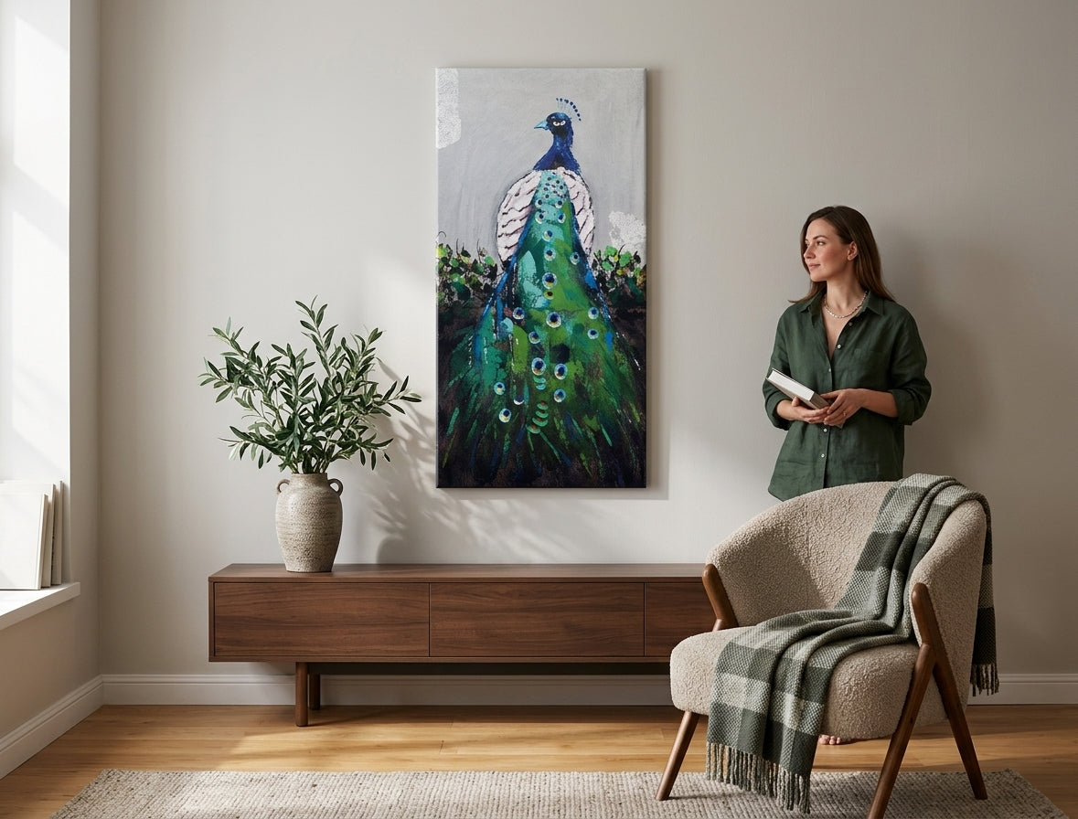 Pop art slika na platnu s motivom PAUN, ptica u belo-plavih nijansama okačena u enterijeru hodnika, elegantna atmosfera, priroda i elegancija | Slikana slika za zid PAUN – enterijer