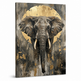 Portret afričkog slona na platnu sa zlatnim detaljima, 3D vizualizacija sa vidljivim drvenim ramom, Papilora Premium Art.