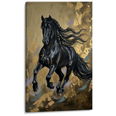 Slika crnog konja u galopu na platnu — 3D vizualizacija sa vidljivim drvenim ramom, Papilora Premium Art.
