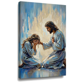 Slika Isus teši ženu koja kleči na platnu — 3D vizuelizacija canvasa sa vidljivim drvenim ramom, Papilora Premium Art.