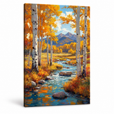 Slika jesenjeg pejzaža sa brezama i potokom na platnu — 3D vizuelizacija canvasa sa vidljivim drvenim ramom, Papilora Premium Art.