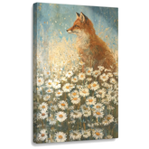 Slika riđe lisice u polju margareta na platnu — 3D vizuelizacija canvasa sa vidljivim drvenim ramom, Papilora Premium Art.