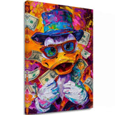 Moderan slika na platnu s motivom Money Duck, naočare u narandžasto-ljubičastih nijansama, energična atmosfera, pop kultura | Slika Money Duck – glavna