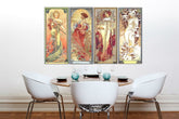 Vintage slika na platnu s motivom ŠTYRI ROČNÉ OBDOBIA 120x70 cm – Alfons Mucha, mapa u zeleno-zlatnih nijansama okačena u enterijeru kuhinje – enterijer