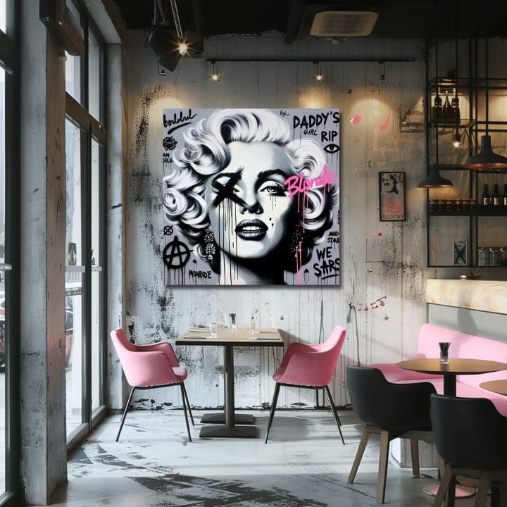 Moderan pop art portret Merilin Monro u crno-belim tonovima sa grafitima i ružičastim detaljima, okačen u stilizovanom enterijeru iznad drvene konzole sa vazom i svećom, Papilora.