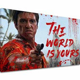 Pop art slika na platnu s motivom Krvavý Tony Montana so zbraňou v ruke, pejzaž u belo-crvenih nijansama, snaga i moć | Scarface slika na platnu Krvavý Tony Montana so zbraňou v ruke – glavna