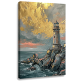 Slika svetionika na stenovitoj litici iznad uzburkanog mora na platnu – 3D prikaz canvasa sa vidljivim drvenim ramom, Papilora Premium Art.