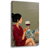Slika žene sa čašom vina na platnu – 3D vizuelizacija canvasa sa vidljivim drvenim ramom i umetničkom teksturom, Papilora Premium Art.
