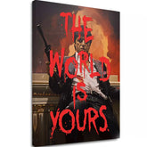 Pop art slika na platnu s motivom The world is yours u belo-narandžastih nijansama, intenzivna atmosfera, snaga i moć | Scarface slika na platnu The world is yours – glavna