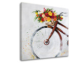 U boho stilu slika na platnu s motivom BICYKEL, cveće, dečji motiv, priroda u višebojnih nijansama, vesela atmosfera, prolećna atmosfera i romantika – glavna