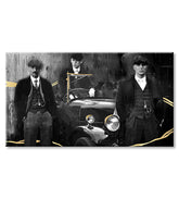 Ručno slikan slika na platnu s motivom PREMIUM ART – Peaky Blinders bratia, automobil u sivo-zlatnih nijansama, pogodan za dnevnog boravka | Slike na platnu - PREMIUM ART – Peaky Blinders bratia