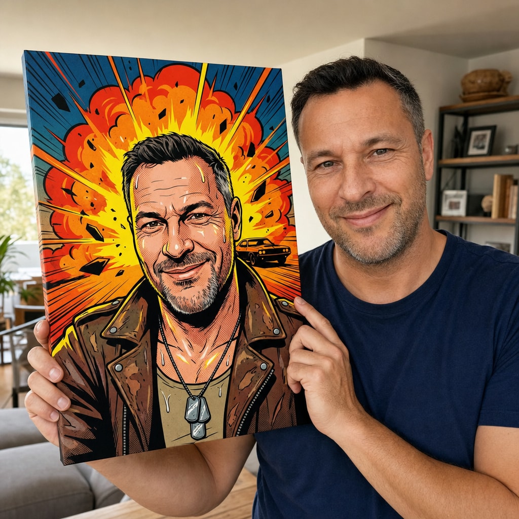Muškarac drži svoju strip pop-art sliku iz fotografije pored lica – verna sličnost kao akcioni junak, Papilora