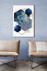 Geometrijski slika na platnu s motivom The Tight Reality u belo-plavih nijansama okačena u enterijeru kancelarije, sofisticirana atmosfera, elegancija – enterijer