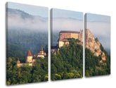Klasičan slika na platnu s motivom SLOVAČKA, zamak, šuma, izmaglica, planine u smeđe-sivih nijansama, mirna atmosfera, priroda, trodelna izvedba – glavna