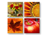 Kolaž slika na platnu s motivom The smell of Autumn, ruže, slnečnica, cveće, priroda u narandžasto-crvenih nijansama, topla atmosfera, višedelna izvedba – glavna