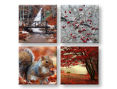 Kolaž slika na platnu s motivom Beauty of Autumn, vodopad, pejzaž, priroda u smeđe-narandžastih nijansama, mirna atmosfera, višedelna izvedba – glavna