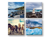 U boho stilu slika na platnu s motivom Walking through the Iceland, konji, planine, pejzaž, more i plaža u plavo-zelenih nijansama, višedelna izvedba – glavna