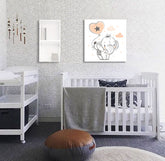 U boho stilu slika na platnu s motivom ZA DECU, slon, balon, oblaci, zvezde u belo-smeđih nijansama, razigrana atmosfera, detinjstvo i snovi, pogodan za dečije sobe – glavna