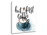 Moderan slika na platnu s motivom šolja kafe u belo-smeđih nijansama, ugodna atmosfera | Slika za zid s textom But first coffee – proizvod